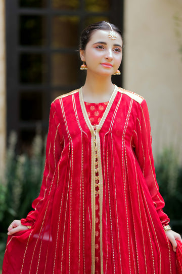 GDD-02812 | Red & Gold | Formal 3 Piece Suit | Viscose Crinkle Chiffon